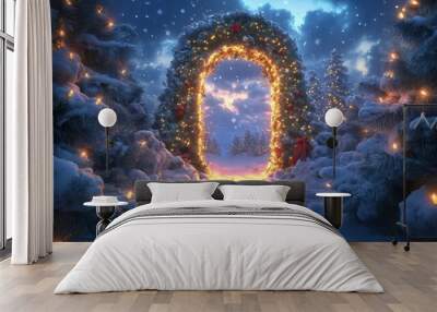 Magical winter wonderland with a glowing archway surrounded by snow-covered trees and festive lights under a starry sky. Wall mural