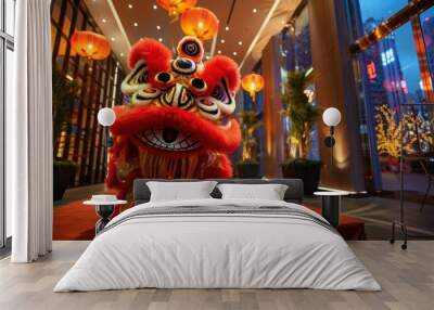 Traditional Chinese lion dance performance with vibrant red and gold costume under glowing lanterns, celebrating cultural heritage. Wall mural