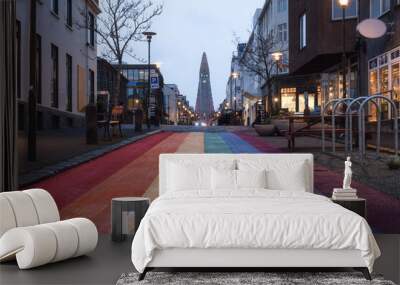 Hallgrimskirkja cathedral and Rainbow Street in downtown Reykjavik, Iceland during blue hour Wall mural