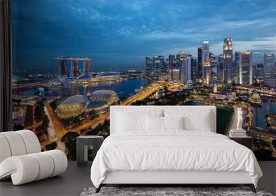 Singapore Marina Bay Aerial View during blue hour Wall mural