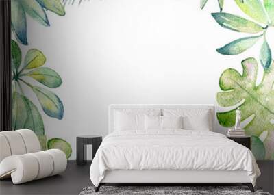 Frame. Watercolor Tropical green leaves on the white background Wall mural