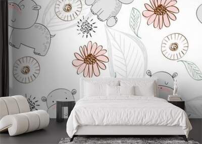 vector hand drawn seamless pattern with cute hippos Wall mural