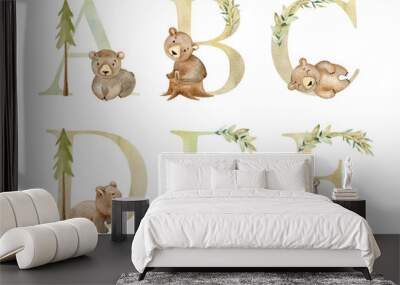 Watercolor letters with bears for invitation card, nursery poster and other. Wall mural