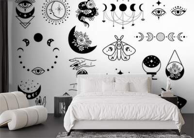 Celestial black magic symbols sun, moon, crystals, evil eye, witch hands and moth. Set of esoteric symbols, alchemy and witchcraft vector art Wall mural