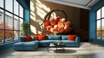 A basket of freshly harvested peaches and nectarines on a wooden table in sunlight Wall mural