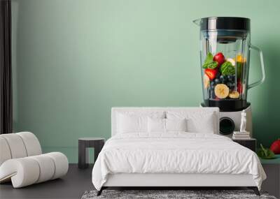 A blender full of fresh produce on a green backdrop with copy space Wall mural