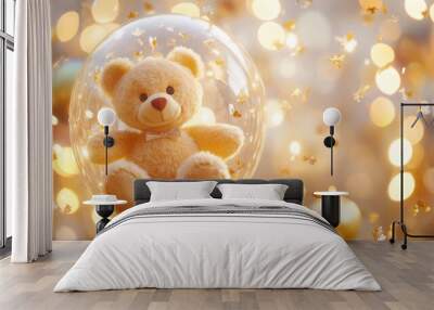 A close-up of a teddy bear in a transparent balloon with gold confetti Wall mural