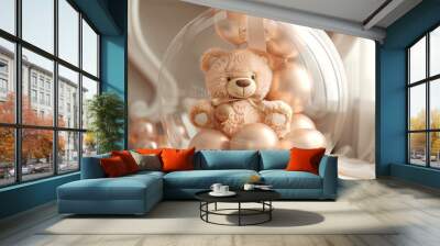 A teddy bear with a bow tie inside a clear balloon surrounded by rose gold balloons with festive decorations., perfect for a surprise gift Wall mural