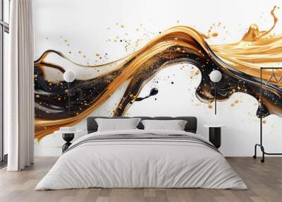 Elegant Golden Swirls, Dynamic black and gold paint waves with glitter isolated on transparent background Wall mural