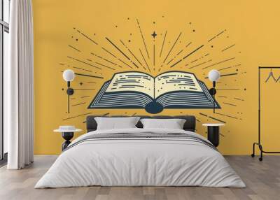 Minimalistic illustration of open book with light rays lines, symbolizing knowledge spread Wall mural