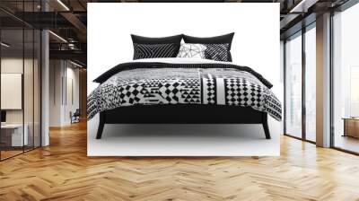 Modern bed with black and white geometric pattern bedding set and matching pillows isolated on white background Wall mural