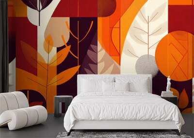 Modern seamless pattern background of autumn foliage and geometric shapes in warm earthy tones Wall mural