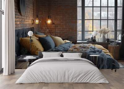 Rustic bedroom with exposed brick walls and charcoal grey and mustard yellow decor Wall mural