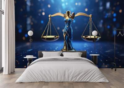 Equitable AI: Scales of Justice in the Digital World Concept, Illustrated on a Futuristic Blue Data Network Background Wall mural