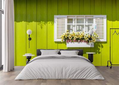 White window and wooden walls yellow. It's colorful. Wall mural