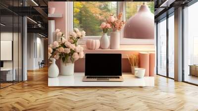 Laptop with blank white screen on office desk interior Stylish rose gold workplace mockup table view Wall mural