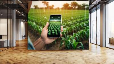 Smart farming concept, A farmer holding smartphone using management farming to manage water, soil quality and monitor weather,  IOT technology Wall mural