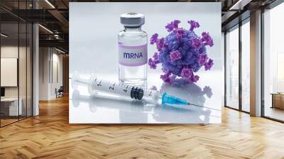 syringe and bottle mRNA Vaccines and coronavirus on a white background, COVID-19 Vaccine Wall mural