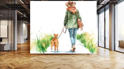 A woman walks a ginger cat along a serene path, surrounded by green grass, capturing the essence of companionship and nature. Wall mural