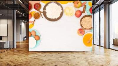 Apple crisp crumble, step-by-step recipe and ingredients for home cooking on a light background top view. traditional autumn dessert with cinnamon and oatmeal, honey. Wall mural