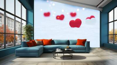 heart on snow, concept valentine's day holiday background, bokeh from light garlands new year Wall mural