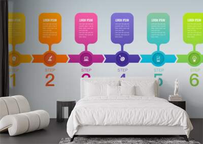 Timeline infographics design vector and business icons with 6 steps. Use in corporate report, marketing, annual report. Network management data screen with charts, diagrams. Wall mural