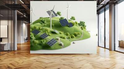 3D wind power generator. Green energy and ecology. Electricity turbine. Electric ecological windmill technology on landscape. Renewable alternative energy Wall mural