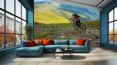 A man is riding bicycle, on the background of mountains. Beautiful summer day. Wall mural