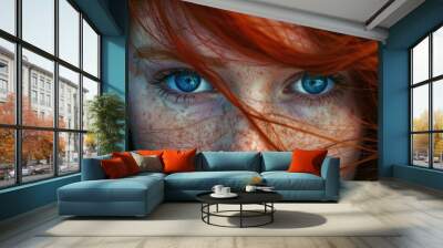 Close Up Portrait of a Woman With Red Hair and Blue Eyes Wall mural