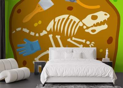 Dinosaur skeleton. Bones of prehistoric lizard. Set of archaeologist tools. Historical finds and excavations. Fla cartoon Wall mural