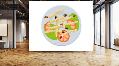 Edible caterpillar on plate. Asian dish with insects, vegetables and tomatoes with salad. White larva in restaurant with sauce. Wall mural