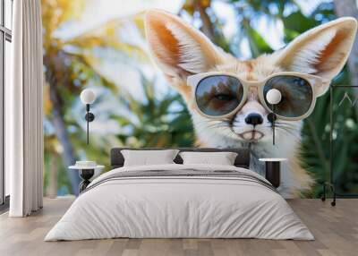 Fennec Fox Wearing Sunglasses in a Tropical Setting Wall mural