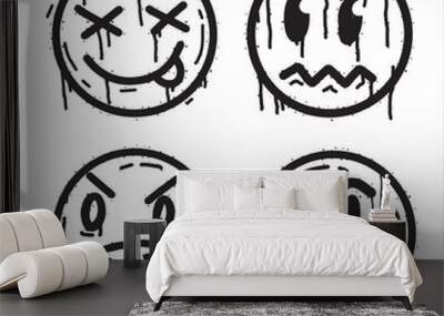 Graffiti grunge face. Cartoon aerosol fun expression. Spray funky paint art with leak and dot. Street art and urban vandalism symbol. Black grungy spill character isolated on white Wall mural