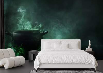 Halloween cauldron with green smoke. Magician wizard banner with copyspace for text. Dark mystery background. Autumn halloween holiday. Witchcraft pot with magic potion Wall mural