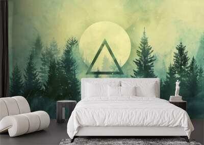 Hipster pattern with triangle, psychedelic sign. Artistic abstract background. Grunge forest pattern. Vintage green wallpaper Wall mural