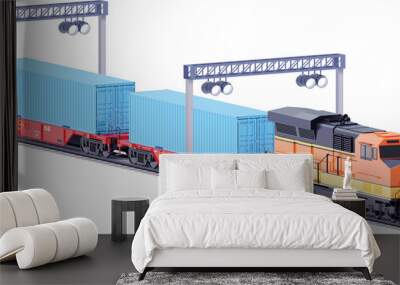 Vector freight train and container railcars. Locomotive and container railroad cars. Railway transportation. International trade and logistics illustration Wall mural