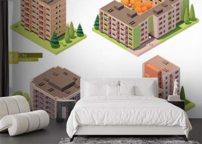 Vector isometric buildings and street elements set. Houses, homes and offices. Isometric city or town map construction elements Wall mural