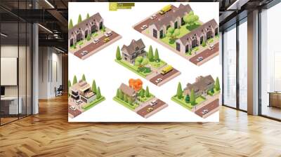 Vector isometric buildings and street elements set. Suburban and village houses, homes. Isometric city or town map construction elements Wall mural