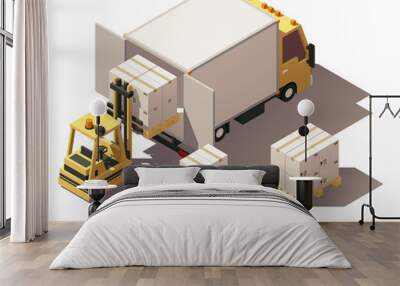 Vector isometric forklift loading box truck with crates on pallets icon Wall mural