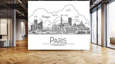 Vector line art Paris, France, travel landmarks and architecture icon. The most popular tourist destinations, city streets, cathedrals, buildings, symbols in one illustration Wall mural