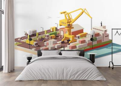 Vector low poly port container terminal and ship Wall mural