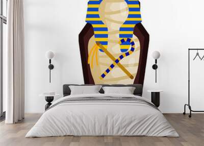 Mummy in sarcophagus. Body of Pharaoh. Egyptian king. Archaeology and Halloween monster. Golden scepter and symbol of immortality. Flat cartoon illustration Wall mural