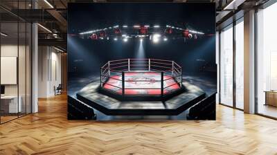 Octagon ring for MMA, boxing and mixfight classes. Sports arena and spotlights. Stadium for shows Wall mural