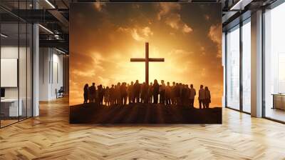 People are standing near the cross. Silhouettes of Christian men and women. Religious concept of faith and prayer. Morning or evening orange background with bright sun. AI Generated Wall mural