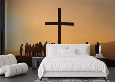 People are standing near the cross. Silhouettes of Christian men and women. Religious concept of faith and prayer. Wall mural