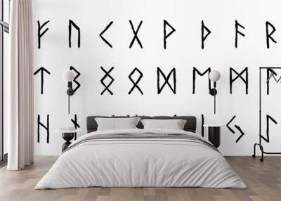 Scandinavian runes. black letters on white background. Set of old Norse Runic alphabet, Futhark. Ancient occult Viking characters on white background, rune font. Wall mural