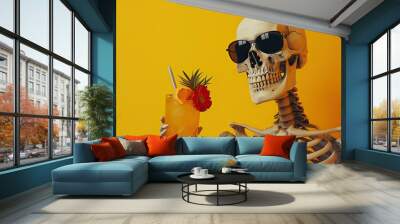 Skeleton sitting with cocktail, skull and bone with drink. AI generated. Alcohol beverage in bar. Fun summer character Wall mural