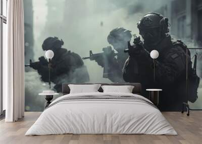 Soldier at battle and smoke. Special military army. Strike and shooting. Rifle weapon and explosion. Modern warfare, combat mission. Troops force at conflict Wall mural