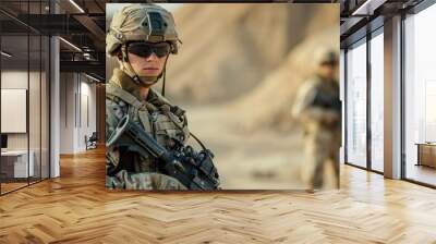 Soldier in modern warfare. Special forces troops with machine guns and rifles. Military Special Operation AI Generated Wall mural