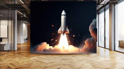 Startup rocket takeoff. 3D rocket launch up. Concept of starting business. Spacecraft with smoke on dark background. Wall mural